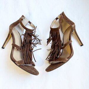 Ann Taylor Brown Tara Fringe Suede Sandals High Heels Boho Chic Womens 8.5